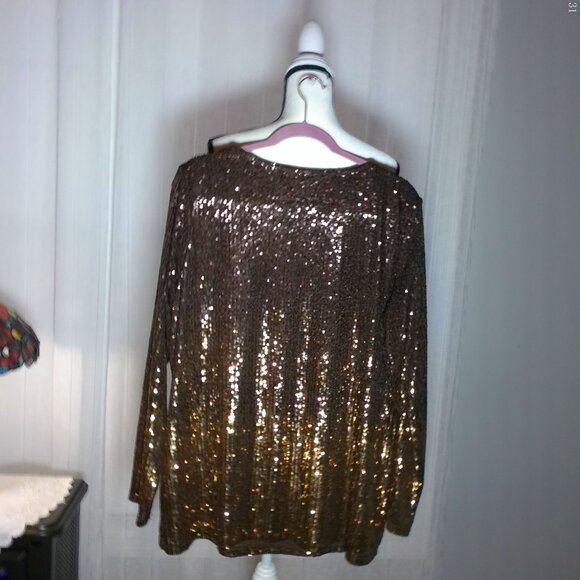 SUSAN GRAVER OCCASIONS Long Sleeve Scoop Neck Brown/Gold Umbre Sequins Tunic XL - Picture 2 of 8